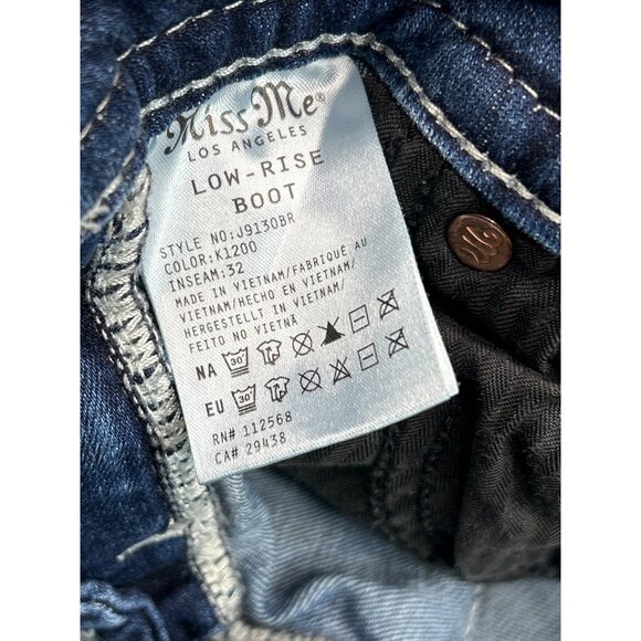 Miss Me Womens Distressed Blue Denim Jeans W26 Embellished Bull Low-Rise Bootcut - Picture 9 of 10